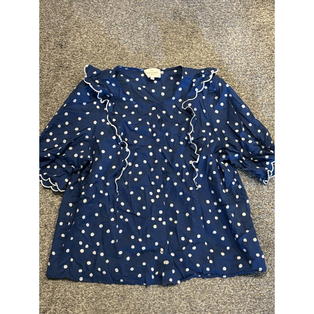 Sezane Paolina Blouse Size 42 US 10‎ Blue Polka Dot Shirt